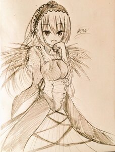 Rating: Safe Score: 0 Tags: 1girl :d bangs blush breasts dress eyebrows_visible_through_hair frills hair_between_eyes hairband image large_breasts long_hair long_sleeves looking_at_viewer monochrome open_mouth pantyhose smile solo suigintou wings User: admin