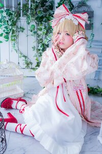 Rating: Safe Score: 0 Tags: 1girl blonde_hair blue_eyes bow dress flower hinaichigo lace leaf lips looking_at_viewer red_footwear ribbon ribbon_trim shoes short_hair sitting solo User: admin