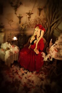 Rating: Safe Score: 0 Tags: 1girl blonde_hair blurry bow candle depth_of_field dress indoors red_dress shinku sitting solo stuffed_animal User: admin