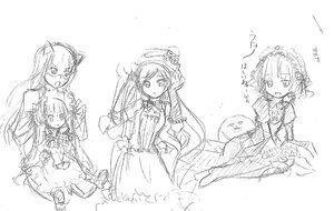 Rating: Safe Score: 0 Tags: 4girls dress greyscale hat image long_hair looking_at_viewer monochrome multiple multiple_girls open_mouth short_hair siblings sisters sketch smile tagme twintails white_background User: admin