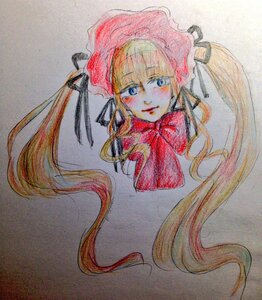 Rating: Safe Score: 0 Tags: 1girl bangs blonde_hair blue_eyes blush bonnet bow bowtie closed_mouth floating_hair image long_hair looking_at_viewer marker_(medium) photo portrait shinku simple_background solo traditional_media twintails watercolor_(medium) User: admin