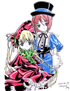 Rating: Safe Score: 0 Tags: 2girls blonde_hair blue_eyes bonnet bow bowtie dated dress frills green_eyes hat heterochromia image long_hair long_sleeves looking_at_viewer multiple_girls pair red_dress red_eyes shinku simple_background souseiseki top_hat twintails white_background User: admin