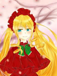 Rating: Safe Score: 0 Tags: 1girl blonde_hair blue_eyes blush bow capelet dress green_bow green_neckwear image long_hair looking_at_viewer petals red_capelet shinku smile solo tears twintails User: admin