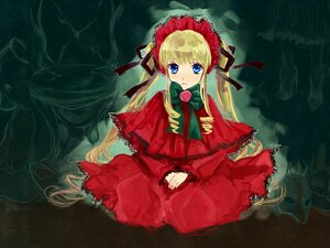 Rating: Safe Score: 0 Tags: 1girl blonde_hair blue_eyes bonnet bow bowtie capelet dress flower green_bow green_neckwear image long_hair long_sleeves looking_at_viewer red_dress rose shinku sitting solo twintails very_long_hair User: admin