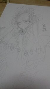 Rating: Safe Score: 0 Tags: 1girl bangs bonnet closed_mouth dress flower image long_hair long_sleeves looking_at_viewer monochrome photo rose shinku sketch solo traditional_media User: admin