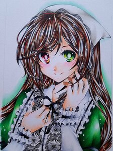 Rating: Safe Score: 0 Tags: 1girl blush brown_hair closed_mouth eyebrows_visible_through_hair green_eyes head_scarf heterochromia image long_hair long_sleeves looking_at_viewer red_eyes smile solo suiseiseki traditional_media upper_body watercolor_(medium) User: admin