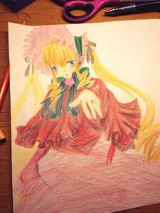 Rating: Safe Score: 0 Tags: 1girl blonde_hair bonnet dress frills image long_hair long_sleeves looking_at_viewer photo red_dress ribbon shinku simple_background solo traditional_media twintails very_long_hair User: admin