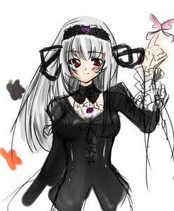 Rating: Safe Score: 0 Tags: 1girl black_dress bug butterfly detached_collar dress flower frills hairband image insect lolita_hairband long_hair long_sleeves looking_at_viewer puffy_sleeves red_eyes ribbon rose silver_hair simple_background smile solo suigintou white_background wings User: admin