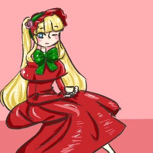 Rating: Safe Score: 0 Tags: 1girl blonde_hair blue_eyes blush bondage bonnet bound bow bowtie dress flower green_bow image long_hair long_sleeves one_eye_closed pink_background red_dress rose shinku simple_background solo very_long_hair User: admin