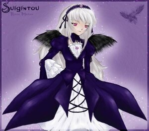 Rating: Safe Score: 0 Tags: 1girl black_wings detached_collar dress flower frills hairband image juliet_sleeves long_hair long_sleeves looking_at_viewer pink_eyes puffy_sleeves purple_background rose solo standing suigintou very_long_hair wings User: admin