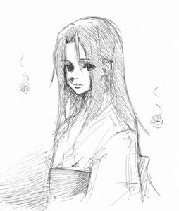Rating: Safe Score: 0 Tags: 1girl bangs closed_mouth flower greyscale human image japanese_clothes kakizaki_megu kimono long_hair looking_at_viewer monochrome sketch solo upper_body User: admin