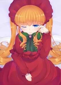 Rating: Safe Score: 0 Tags: 1girl blonde_hair blue_eyes blush bonnet bow dress drill_hair flower image long_hair long_sleeves looking_at_viewer one_eye_closed red_dress ribbon rose shinku solo twin_drills twintails very_long_hair User: admin