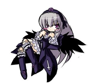 Rating: Safe Score: 0 Tags: 1girl black_wings boots chibi detached_collar dress flower frills full_body hairband image knee_boots long_hair long_sleeves looking_at_viewer pink_eyes silver_hair sitting solo suigintou white_background wings User: admin