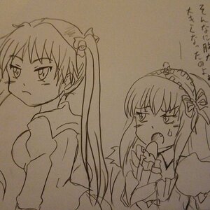Rating: Safe Score: 0 Tags: 2girls dress frown hair_ornament hairband image long_hair long_sleeves looking_back monochrome multiple_girls open_mouth pair shinku suigintou traditional_media User: admin