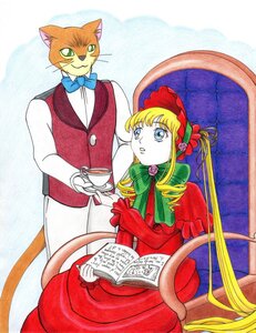 Rating: Safe Score: 0 Tags: 1boy 1girl blonde_hair blue_eyes bonnet bow bowtie cat cup dress drill_hair flower green_bow image long_hair rose shinku sitting solo teacup User: admin