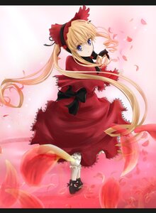 Rating: Safe Score: 0 Tags: 1girl black_footwear blonde_hair blue_eyes bonnet bow dress flower image long_hair long_sleeves looking_at_viewer looking_back petals red_dress shinku shoes solo standing twintails very_long_hair User: admin