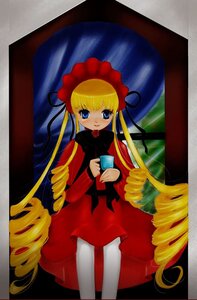 Rating: Safe Score: 0 Tags: 1girl blonde_hair blue_eyes blush bonnet bow cup dress drill_hair flower holding holding_cup image long_hair long_sleeves looking_at_viewer red_dress rose shinku sitting solo teacup twin_drills twintails very_long_hair User: admin