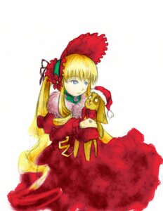 Rating: Safe Score: 0 Tags: 1girl blonde_hair blue_eyes bonnet bow dress green_bow holding image long_hair long_sleeves looking_at_viewer red_dress shinku simple_background solo very_long_hair white_background User: admin