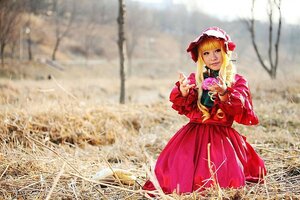 Rating: Safe Score: 0 Tags: 1girl blonde_hair blurry bow dress long_hair long_sleeves outdoors photo photo_background realistic red_dress shinku solo User: admin