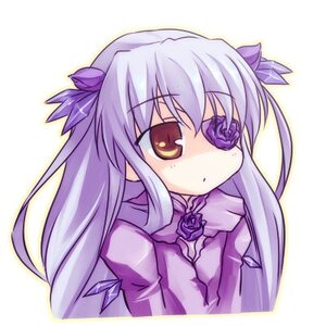 Rating: Safe Score: 0 Tags: 1girl :< barasuishou blush bow dress eyepatch flower hair_ribbon image long_hair long_sleeves looking_at_viewer purple_dress purple_flower purple_rose ribbon rose simple_background solo striped traditional_media upper_body white_background User: admin
