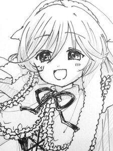 Rating: Safe Score: 0 Tags: 1girl :d bangs blush eyebrows_visible_through_hair frills greyscale hair_between_eyes image long_sleeves looking_at_viewer monochrome neck_ribbon open_mouth ribbon simple_background smile solo suiseiseki upper_body virtual_youtuber white_background User: admin
