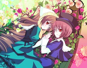 Rating: Safe Score: 0 Tags: 2girls auto_tagged bonnet brown_hair dress flower hat holding_hands image long_hair long_sleeves multiple_girls pair pink_flower pink_rose red_eyes red_flower red_rose rose short_hair siblings sisters souseiseki suiseiseki twins yellow_flower yellow_rose User: admin