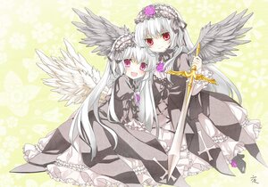 Rating: Safe Score: 0 Tags: 2girls black_wings dress flower frills hairband image long_hair long_sleeves multiple_girls open_mouth pink_eyes rose silver_hair smile solo suigintou wings User: admin