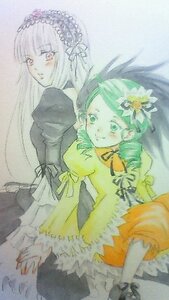 Rating: Safe Score: 0 Tags: 2girls dress flower frills green_eyes green_hair hair_ornament hairband image kanaria long_hair long_sleeves looking_at_viewer multiple_girls pair pink_eyes ribbon siblings sisters smile suigintou traditional_media User: admin