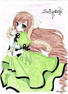 Rating: Safe Score: 0 Tags: 1girl brown_hair dress frills green_dress green_eyes image juliet_sleeves long_hair long_sleeves looking_at_viewer puffy_sleeves ribbon simple_background solo suiseiseki very_long_hair white_background User: admin