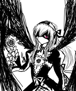 Rating: Safe Score: 0 Tags: 1girl black_wings dress feathered_wings flower frills greyscale hairband image lolita_hairband long_hair long_sleeves looking_at_viewer monochrome ribbon rose solo suigintou upper_body wings User: admin