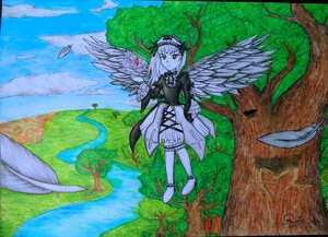 Rating: Safe Score: 0 Tags: 1girl dress feathered_wings feathers hairband image long_hair long_sleeves outdoors red_eyes sky solo suigintou traditional_media tree wings User: admin