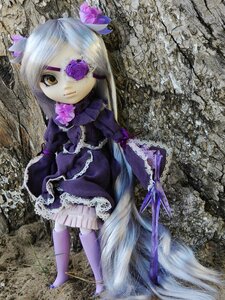 Rating: Safe Score: 0 Tags: 1girl barasuishou doll doll_joints dress eyepatch flower joints long_hair purple_dress solo yellow_eyes User: admin