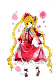 Rating: Safe Score: 0 Tags: 1girl blonde_hair blue_eyes bonnet bow dress drill_hair food full_body heart image long_hair long_sleeves pantyhose red_dress ringlets shinku shoes solo standing traditional_media twin_drills twintails very_long_hair white_legwear User: admin