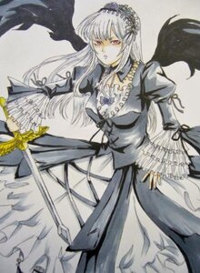 Rating: Safe Score: 0 Tags: 1girl auto_tagged black_wings dress feathers flower frills hairband image lolita_hairband long_hair long_sleeves pink_eyes puffy_sleeves ribbon silver_hair simple_background solo suigintou sword traditional_media weapon wings User: admin
