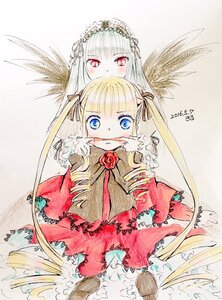 Rating: Safe Score: 0 Tags: 2girls black_wings blonde_hair blue_eyes dress flower hairband image long_hair multiple_girls pair red_dress rose shinku silver_hair suigintou traditional_media twintails very_long_hair wings User: admin