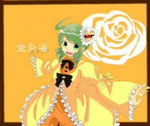 Rating: Safe Score: 0 Tags: 1girl :d ahoge bow dress drill_hair flower frills green_eyes green_hair hair_ornament image kanaria long_sleeves open_mouth orange_background smile solo twin_drills yellow_dress User: admin