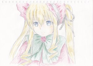 Rating: Safe Score: 0 Tags: 1girl blonde_hair blue_eyes bow bowtie dress flower hair_ribbon image long_hair long_sleeves looking_at_viewer pink_flower pink_rose ribbon rose shinku simple_background solo traditional_media upper_body white_background User: admin