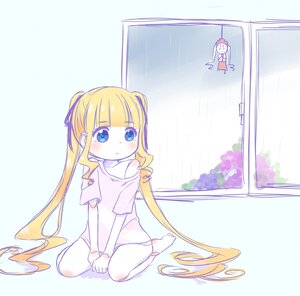 Rating: Safe Score: 0 Tags: 1girl barefoot blonde_hair blue_eyes blush flower hydrangea image long_hair rain ribbon shinku shirt sitting solo striped twintails very_long_hair wariza User: admin