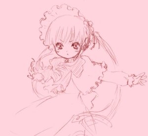 Rating: Safe Score: 0 Tags: 1girl dress frills image long_sleeves looking_at_viewer monochrome pink_background pink_theme shinku simple_background solo striped User: admin