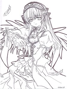 Rating: Safe Score: 0 Tags: 1girl dress frills greyscale hairband image lolita_hairband long_hair long_sleeves looking_at_viewer monochrome ribbon signature simple_background solo suigintou wings User: admin