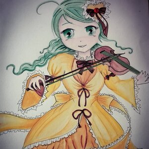 Rating: Safe Score: 0 Tags: 1girl bow dress frilled_sleeves frills green_eyes green_hair image instrument kanaria komeiji_koishi long_hair long_sleeves marker_(medium) musical_note smile solo traditional_media violin User: admin