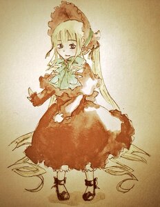 Rating: Safe Score: 0 Tags: 1girl bonnet bow bowtie dress frills full_body green_neckwear image long_hair long_sleeves red_dress shinku solo standing very_long_hair User: admin