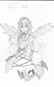 Rating: Safe Score: 0 Tags: 1girl black_wings bow dress feathered_wings frills hairband image long_hair long_sleeves looking_at_viewer red_eyes solo suigintou traditional_media wide_sleeves wings User: admin