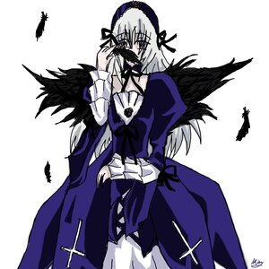 Rating: Safe Score: 0 Tags: 1girl black_feathers black_wings cross-laced_clothes detached_collar dress feathers flower frills hairband image long_hair long_sleeves ribbon rose silver_hair simple_background solo standing suigintou white_background wings User: admin