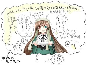 Rating: Safe Score: 0 Tags: 1girl :d blush brown_hair dress green_dress head_scarf heterochromia image long_hair long_sleeves looking_at_viewer open_mouth red_eyes ribbon smile solo striped suiseiseki white_background User: admin