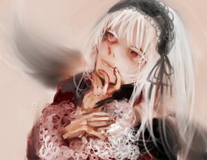 Rating: Safe Score: 0 Tags: 1girl bangs black_dress black_ribbon closed_mouth frills hairband image long_hair long_sleeves looking_at_viewer red_eyes rose solo suigintou white_hair User: admin