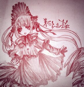 Rating: Safe Score: 0 Tags: 1girl bow bowtie dress frills image long_hair long_sleeves looking_at_viewer monochrome shinku solo standing traditional_media twintails very_long_hair User: admin