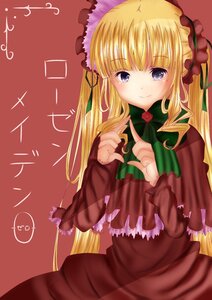 Rating: Safe Score: 0 Tags: 1girl blonde_hair blue_eyes bonnet bow bowtie dress drill_hair green_bow image index_finger_raised long_hair long_sleeves looking_at_viewer pointing red_dress rose shinku simple_background smile solo very_long_hair User: admin