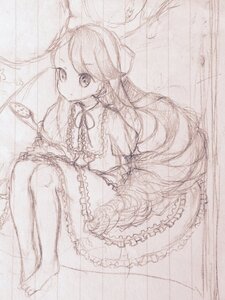 Rating: Safe Score: 0 Tags: 1girl bow dress frills hair_bow image long_hair long_sleeves looking_at_viewer monochrome sketch solo suiseiseki traditional_media very_long_hair User: admin