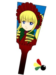 Rating: Safe Score: 0 Tags: 1girl blonde_hair blue_eyes bonnet bow bowtie dress flower image long_hair looking_at_viewer red_dress rose shinku simple_background solo white_background User: admin